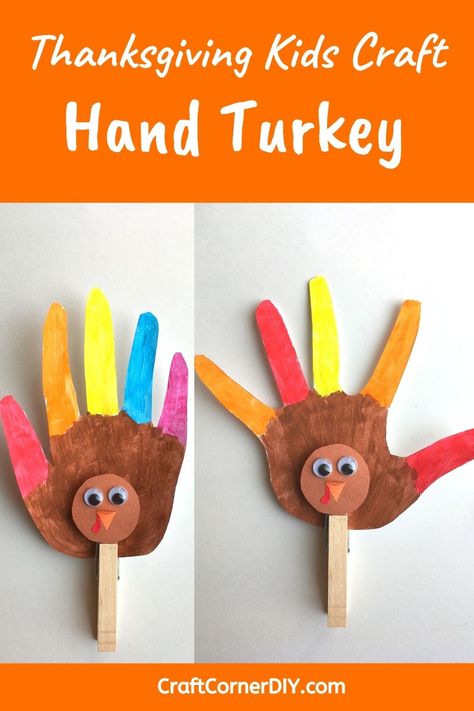 This clothespin hand turkey craft makes a festive Thanksgiving decoration for your table. Easy Thanksgiving craft that will be treasured for years. You can put names on the turkeys and use them as name place holders for your table. #Thanksgivingkidscrafts #turkeykidscraft #handprintkidscraft Thanksgiving Kids Craft, Hand Turkey Craft, Thanksgiving Arts And Crafts, Turkey Crafts Kids, Hand Turkey, Thanksgiving Turkey Craft, Thanksgiving Crafts Preschool, Place Holders, Easy Thanksgiving Crafts