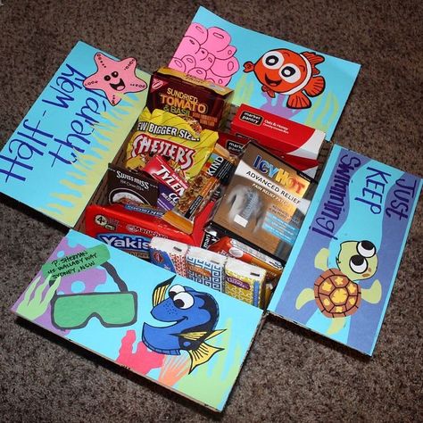 "Deployment care packages! Finding Nemo Edition. I made this for my love to celebrate making it half way through our first deployment!!" -via Pinterest ~MZ Army Boxes Care Packages, Disney Care Package, Disney Care Package Ideas, Deployment Box Ideas, Disney Announcement, Diy Movie Night Ideas, Soldier Care Packages, Deployment Care Package Ideas, Kino Box