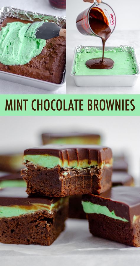 These decadent mint chocolate brownies begin with a dense and fudgy brownie base that's topped with a creamy mint frosting and a layer of smooth chocolate ganache. via @frshaprilflours Easy Ganache, Brownies Video, Mint Chocolate Brownies, Mint Buttercream, Chocolate Mint Brownies, Mint Frosting, Mint Desserts, Homemade Valentine, Fudgy Brownie Recipe