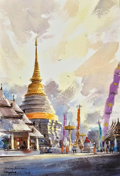 Thanakorn Chaijinda Perspective Drawing Architecture, Thailand Art, Modern Graphic Art, Spirited Art, Architectural Sketch, Thai Art, Urban Sketching, Traditional Paintings, Water Painting