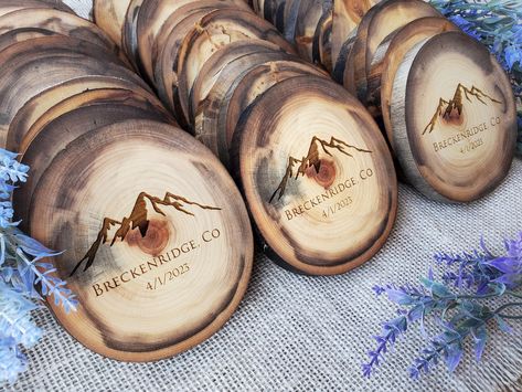 Camp Themed Wedding Favors, Mountain Theme Wedding Favors, Mountain Wedding Favors, Fjord Wedding, Mountain Themed Wedding, Mountain Theme Wedding, Coaster Wedding Favors, Mountain Wedding Decor, 2026 Wedding