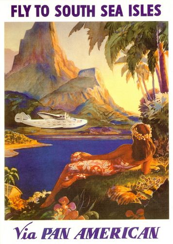 he South Pacific  "The Isle of Enchantment"  Circa: Artist: Paul Lawler  Tahiti Pan Am Clipper airplane travel    Pan American Airways System Vintage Airline Posters, Hawaiian Travel, Aviation Posters, Hawaii Vintage, Vintage Airline, Old Posters, Travel Ads, Flying Boat, Travel Vintage