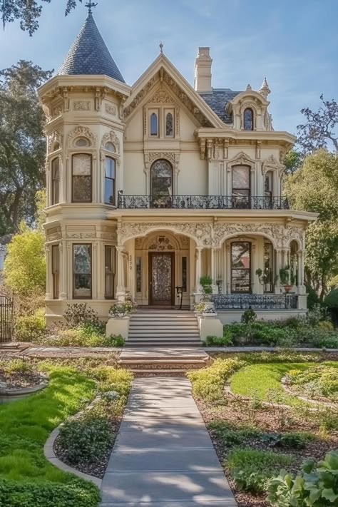 Victorian mansion symmetrical facade with turrets many arched windows creamy stucco front iron balcony. The secrets behind Victorian mansions’ charm and grandeur. Find out why these architectural design marvels have survived the test of time with more elegance than your great aunt’s teacup collection. Inside A Victorian Home, Victorian Guest House, 3 Story Cottage House, Old Houses Photography, Victorian Homes Garden, European Victorian House, Vintage Style House Exterior, Cool Victorian Homes, Victorian House Tour