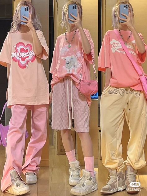 Cute Pink Streetwear Outfits, Kawaii Athletic Outfits, Kawaii Tomboy Outfit, Oversized Shirt Outfit Street Style, Kawaii Street Fashion, Oversized Shirt Outfit, Oversized Shorts, Oversize Tshirt Outfits, Fashion Chinese