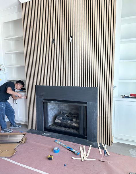 Major renovations transpiring in this Woodstock home! The CCFF team has been installing tambour accents throughout 2023💫.. Tambour is very versatile & can be used as decorative accents, wall panels, backsplash, cabinets, & furniture! #tambour #homedesign #interiordesign #homeremodel #livingroom #livingroomgoals Tambour Wall, Heights House, Portland House, Trim Ideas, Fireplace Built Ins, Living Room Goals, Wall Trim, Fireplace Ideas, Home Fireplace