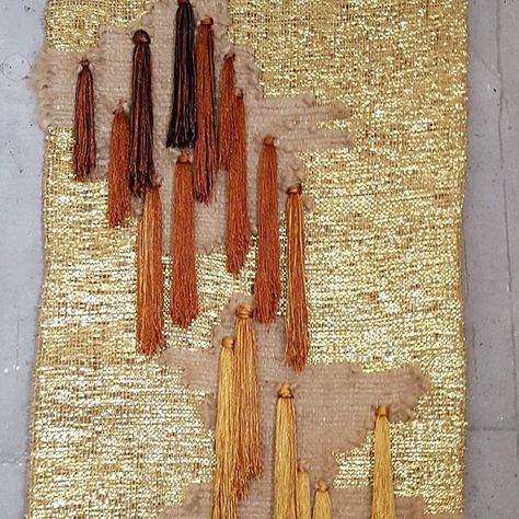 This large gold piece is reduced by 50% for our studio sale...link in profile.. Knit Wall Hanging, Tapestry Loom Weaving, Textile Techniques, Gold Tapestry, Yarn Hanging, Weaving Loom Diy, Diy Weaving, Textile Fiber Art, Weaving Textiles