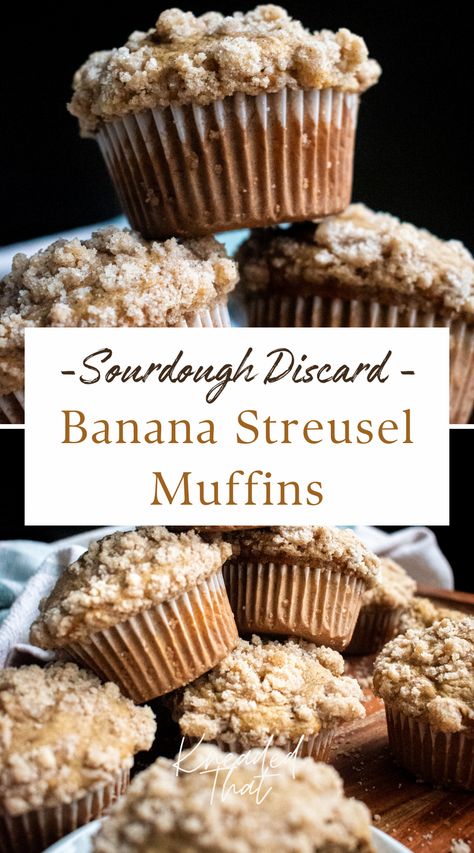 These sourdough discard banana muffins are moist, sweet, and a great way to use up 4 of your ripe bananas and ⅓ cup of sourdough discard! These muffins are delicious by themselves, but I love to add a streusel topping for some extra crunchy sweetness. Add these to your rotation for a fun and easy breakfast, dessert, or snack. Sourdough Discard Banana Nut Muffins, Sourdough Starter Banana Muffins, Banana Muffins Sourdough Discard, Banana Discard Muffins, Sourdough Banana Muffins Recipe, Active Sourdough Muffins, Discard Banana Recipes, Sourdough Discard Banana Bread Muffins, Sourdough Discard Muffins Recipe