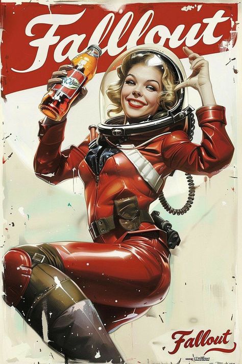 Vintage Sci Fi Art, Retro Futurism Atompunk, Pin Up Girl Art, Pinup Poster, Fallout Posters, Poster Art Deco, Fallout Fan Art, Arte Pin Up, Nuka Cola