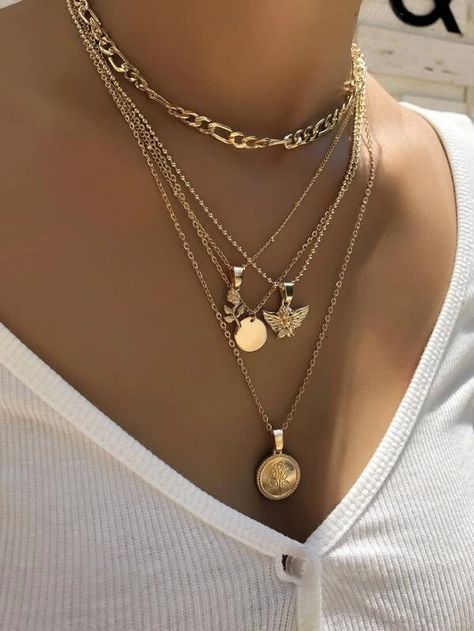 Angel Decor Layered Necklace | SHEIN USA Layered Choker Necklace, Flower Charm Necklace, Angel Decor, Layered Chokers, Multi Layer Necklace, Flower Pendant Necklace, Gold Necklace Layered, Girly Jewelry, Layered Necklace