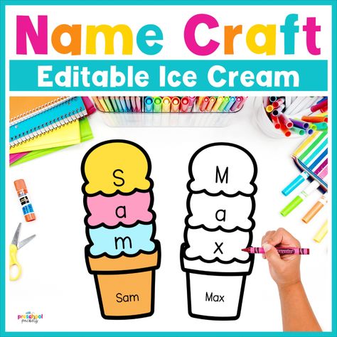 Editable Ice Cream Name Craft! This simple and engaging activity is perfect for name recognition practice and will have your students excited to learn. You can personalize each ice cream page with your students' names! It's ideal for summer bulletin boards, learning name recognition, and makes for a fun end-of-year activity. Summer Names, Summer Bulletin Boards, Easter Paper Crafts, Emotions Posters, Name Recognition, Name Crafts, End Of Year Activities, Back To School Crafts, Summer Crafts For Kids