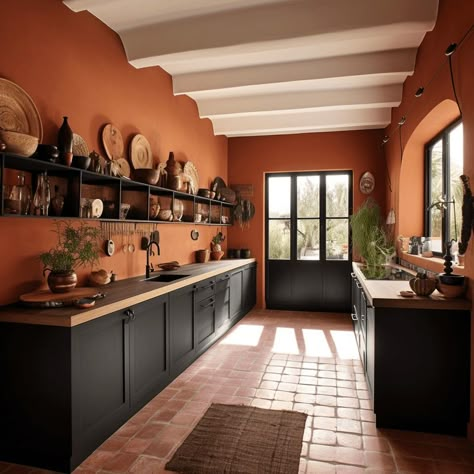 Terracotta Black Kitchen, Brown Wall Kitchen Ideas, Terracota Kitchen Wall, Terracotta White Kitchen, Terra Cotta Kitchen Walls, Terracotta Color Kitchen, Orange Wall Kitchen, Burnt Orange Kitchen Walls, Black And Orange Kitchen