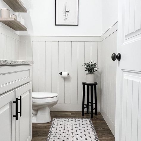 Faith | My Illinois Home on Instagram: “Brilliant idea in 3 - 2 - 1! It’s amazing what a little vertical shiplap can do! All details for this DIY project can be found in my…” Vertical Shiplap, Toilet Ideas, Powder Room Remodel, Vinyl Mat, Bathroom Accent Wall, Pvc Flooring, Kitchen Hallway, Bath Girls, Boys Bathroom