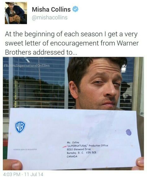 Omg 'ms Collins' XD Misha Collins Twitter, Letter Of Encouragement, Funny Supernatural, Supernatural Comic, Supernatural Memes, Supernatural Funny, Supernatural Cast, Supernatural Fandom, Comic Sans