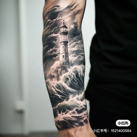 Sea Tattoo Sleeve, Lighthouse Tattoo Meaning, Lighthouse Tattoos, Pirate Ship Tattoos, Travel Tattoo Ideas, Lighthouse Storm, Pirate Ship Tattoo, Marine Tattoo, Storm Tattoo