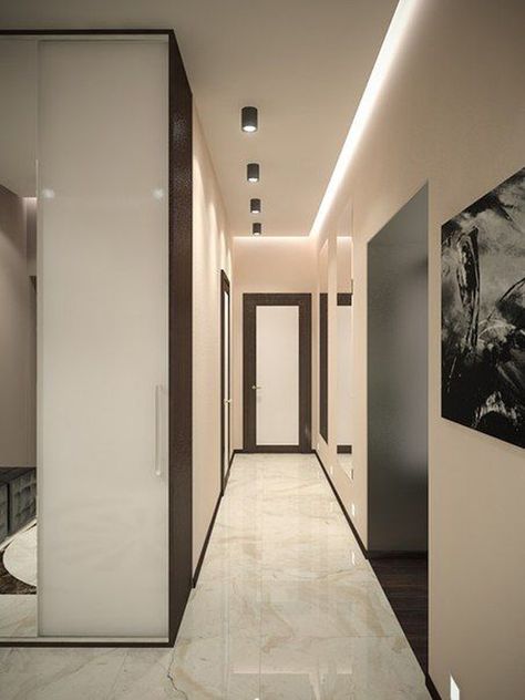 30 Impressive Hallway Lighting Ideas That Will Keep Your Mood | Home Design And Interior Gypsum Ceiling Design For Hallway, House Corridor Design Modern, Passage Ceiling Design Modern, Ceiling Design Corridor, Passage Ceiling Design, Passage Ceiling, Hallway Lighting Ideas, Modern Hallway Design, Hallway Ceiling