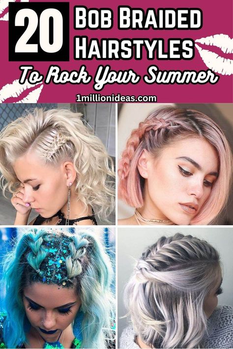 Braids For Bob Haircut, Braid And Curls Hairstyles Short Hair, Bob Style For Wedding, Festival Hair Bob, Hairstyles For Rock Concert, One Side Braided Hairstyles, Short Hair Plaits, Rock Concert Hairstyles For Short Hair, Side Braid Hairstyles With Curls