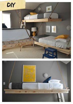 I love these 2x4 floating beds!  What an inexpensive and super cool way to add beds to a bunk room or a shared kids room! Diy furniture plans free project bed bunk wall hanging floating anawhite. Hanging Daybed, Bunk Bed Plans, Diy Daybed, Modern Bunk Beds, Diy Bunk Bed, Shared Kids Room, Hanging Beds, Murphy Bed Plans, Cool Bunk Beds