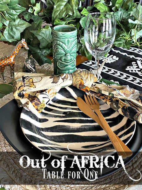 African Inspired Tablescapes, Elegant Safari Table Setting, Out Of Africa Style Decor, Safari Tablescape, Safari Table Setting, Out Of Africa Decor, African Table Decor, Africa Theme Party, Black Tablescape