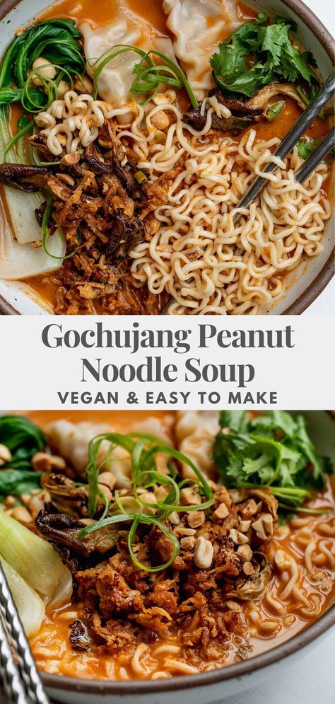 This gochujang peanut noodle soup uses a flavorful and effortless broth that pairs perfect with your favorite slurping noodles and dumplings. The perfect quick weeknight meal. Noodles And Dumplings, Spicy Bowl, Vegan Pasta Noodles, Noodles Soup, Peanut Soup, Peanut Noodles, Vegan Lunches, Vegan Soups, Quick Weeknight Meals