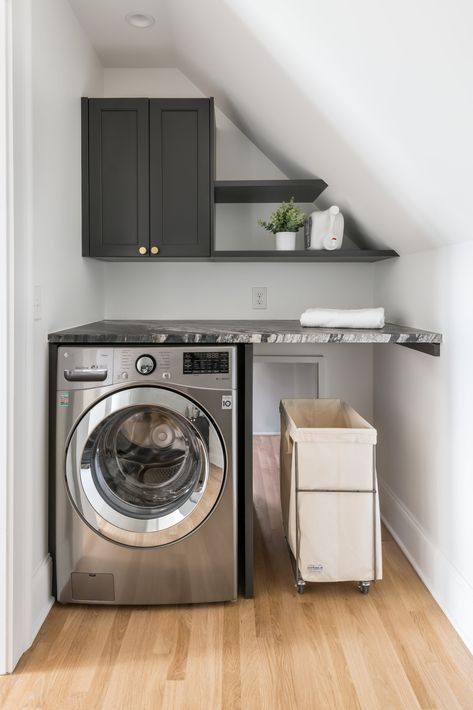 Concrete Laundry Room Floor, Concrete Laundry Room, Room Slanted Ceiling, Room With Slanted Ceiling, Hexagon Marble Tile, Laundry Room Floor, Tub Tray, Laundry Room Flooring, Slanted Ceiling