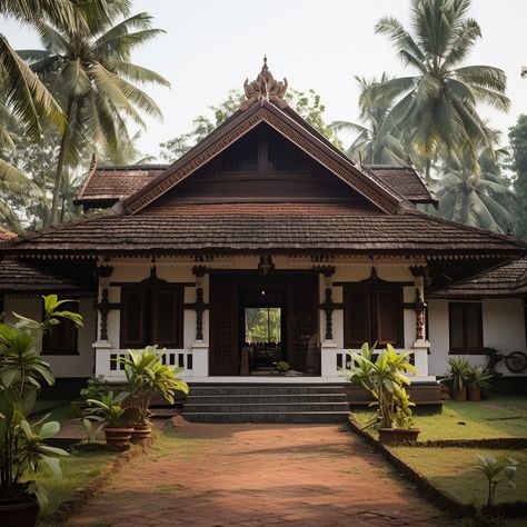 Traditional Kerala House Elevation, Nalukettu Houses Kerala Plan, Old Kerala Traditional Houses, Kerala Architecture Exterior, Kerala Traditional House Exterior, Sloped Roof Houses, Kerala House Design Traditional, Old Village House Design, Old Houses Aesthetic