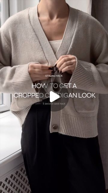 Cardigan Outfit Button Up, Cardigan Wearing Ideas, How To Style Your Cardigan, How To Style Button Up Sweater Cardigan, Crop Button Sweater Outfit, Diy Cropped Cardigan, Chunky Button Up Cardigan Outfit, Buttoning Cardigan Hack, Cardigan Too Big Hacks