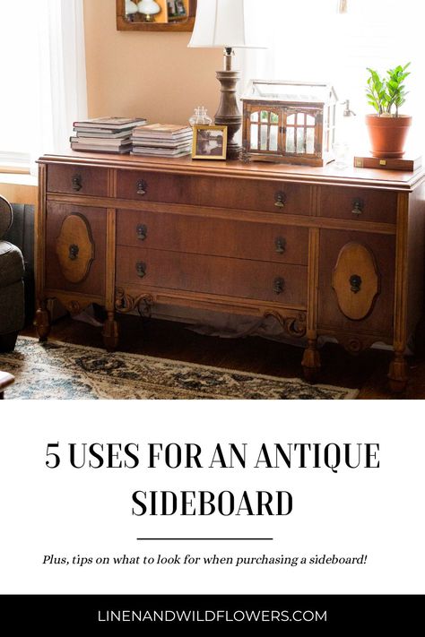 How To Style An Antique Sideboard, Buffet Table As Tv Stand, Sideboard Storage Ideas, Antique Sideboard Styling, Antique Sideboard Decor, Antique Buffet Decor, Vintage Sideboard Tv Stand, Sideboard Styling Decor Ideas, Sideboard Buffet Decor