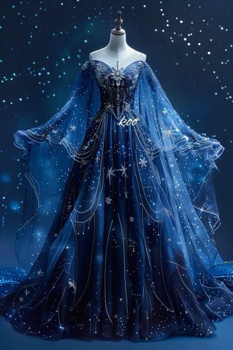 Blue Star Dress Aesthetic, Blue Star Wedding Dress, Dark Blue Starry Dress, Galaxy Clothes Aesthetic, High Lady Of The Night Court Dress, Celestial Wedding Dress Blue, Sapphire Blue Wedding Dress, Feyre Night Court Dress, Constellation Dress Gowns