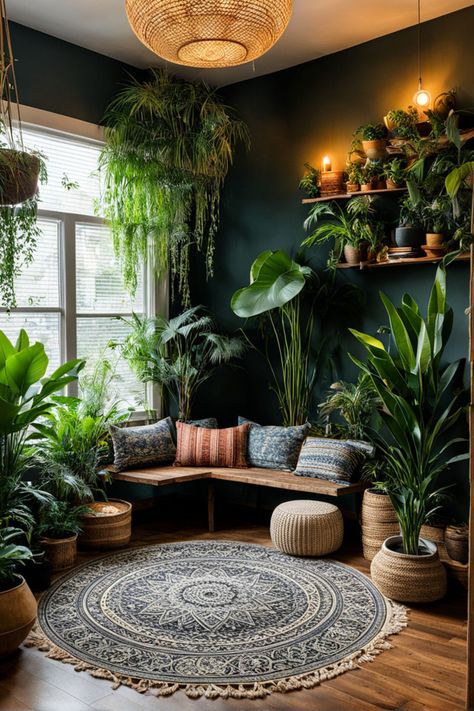 A dark reading corner with low light plants for decoration Rooms Filled With Plants, Zen Den Room Ideas, Plant Rooms Ideas, Low Light Living Room Ideas, Plant Corner Bedroom, Plant Lights Indoor Setup, Plant Room Inspiration, Plant Corner Ideas, Boho Sitting Room