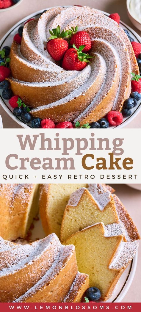 This Whipping cream cake aka Elvis Presley pound cake is a luscious cake that gets its extraordinary texture from heavy cream. Very moist, rich, and subtly sweet this is one of those vintage desserts that is making a comeback for a good reason. It's delicious! #lemonblossoms #baking Recipes To Use Up Cream, Whipped Cream Dream Cake, Dessert Using Heavy Cream, Baseless Cream Cake, Baking With Heavy Cream, Baking Recipes With Heavy Cream, Whipped Cream Cake Recipe, Whip Cream Recipe Desserts, Recipes Using Whipped Cream