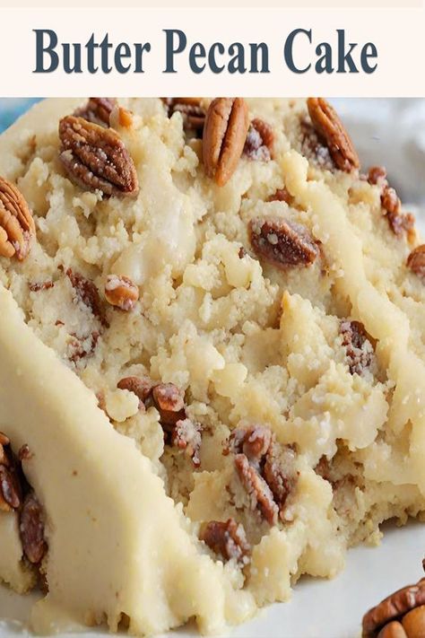 Indulge in the rich flavors of this homemade Butter Pecan Cake! Perfect for special occasions, this cake combines browned butter and finely chopped pecans for a moist, tender crumb, topped with a creamy frosting. Easy to make and absolutely delicious, this Butter Pecan Cake recipe is a must-try for any dessert lover. Pin now and bake later! #ButterPecanCake #BakingRecipes #DessertIdeas #CakeRecipes #HomemadeCakes Butter Pecan Cake Recipe, Pecan Pie Cake, Pecan Desserts, Butter Pecan Cake, Pecan Cake, Crunchy Pecans, Pecan Recipes, Homemade Butter, Chocolate Pecan