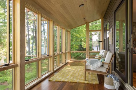 Great East Lake Camp - Rustic - Sunroom - Portland Maine - by Whitten Architects Wood Sunroom, Sunroom Interior, Glassed In Porches, Rustic Sunroom, Sunroom Remodel, Glass Porch, Modern Porch, Three Season Room, Sunroom Decorating