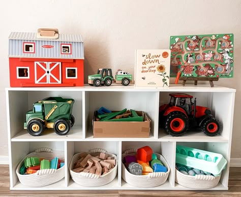 Farm Themed Toy Rotation 🚜🐓🐄 ☼ Shelf @amazon ☼ Farm @melissaanddougtoys #toyrotation #toyrotationandplay #toyrotationday #toyrotation #farm #farmthemedtoys #farmthemed #farmtoyrotation Farm Classroom Activities, Toy Rotation Shelf, Themed Toy Rotation, Montessori Toy Rotation Categories, Small Baby Play Area, Toy Rotation Themes, Playroom Theme Ideas, Toddler Toy Rotation, Toy Rotation Storage