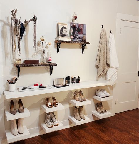 IKEA Floating Shelves. Shoe Display. Steve Madden. Morphe Makeup Products. Live Edge Floating Shelves. Hobby Lobby Brackets and Hooks. Painted Deer Skull Jewelry Display. Floating Shelves For Shoes, Floating Shelves Shoe, Shoes Floating Shelves, Floating Shelves Bedroom For Bags, Floating Shelves Shoes, Diy Floating Shoe Shelves, Floating Shelves Bedroom For Shoes, Floating Shoe Shelves, Ikea Floating Desk