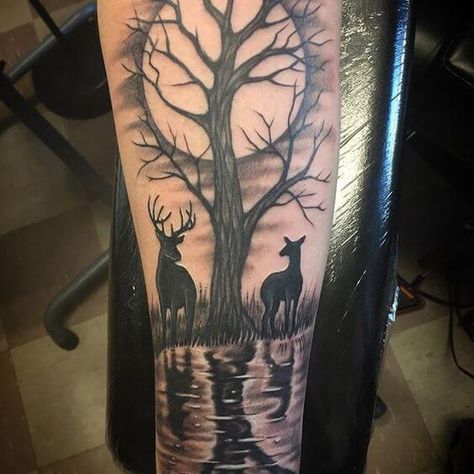 15+ Realistic Deer Tattoo Ideas | PetPress Tree Tattoo Arm Sleeve, Bow Hunting Tattoos, Deer Hunting Tattoos, Antler Tattoos, Elk Tattoo, Deer Skull Tattoos, Deer Tattoo Designs, Wood Tattoo, Stag Tattoo