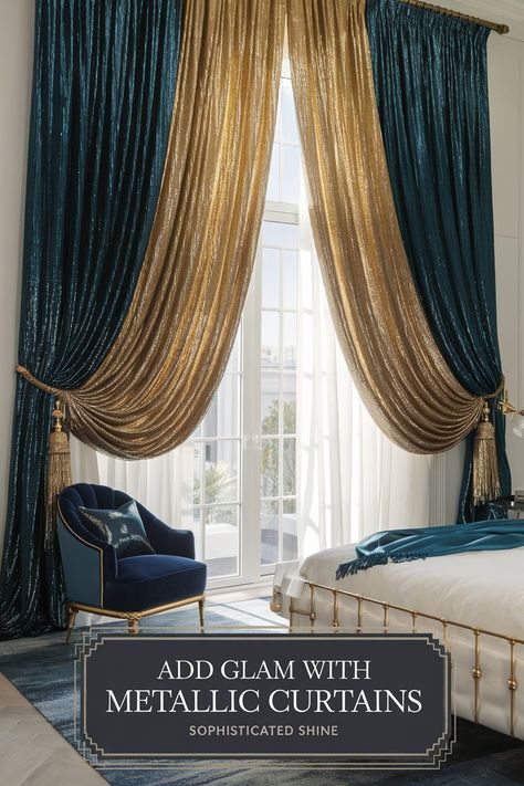 Bedroom with metallic-thread curtains in deep blue and gold, adding a luxurious touch with a hint of shimmer. Teal And Gold Curtains Living Room, Thread Curtains, Curtain Styles, Modern Curtains, Modern Vibe, Metallic Thread, Blue And Gold, Window Coverings, Window Treatments