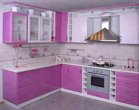 Purple and Pink Kitchen Colors Adding Retro Vibe to Modern Kitchen Design and Decor Purple Kitchen Cabinets, बेडरूम डिजाइन, Model Dapur, Modular Kitchen Cabinets, Purple Kitchen, Kitchen Modular, Kitchen Cupboard Designs, Modular Kitchen Design, Modern Kitchen Interiors