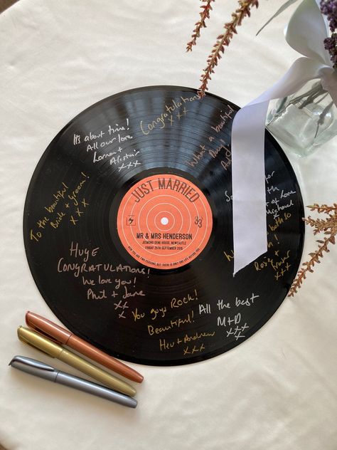 Custom Record Label & Vinyl Record Guest Book  A unique and stylish way to collect guest signatures at your wedding or event. #weddingguestbook #vinylrecordguestbook . #Vinyl_Record_Backdrop #Album_Release_Party_Ideas #Vinyl_Record_Guest_Book #Record_Guest_Book Wedding Guest Book Record, Vinyl Record Guest Book, Record Guest Book, Painting Records, Custom Record, Vinyl Record Label, Diy Guest Book, Jasmine Wedding, Label Image