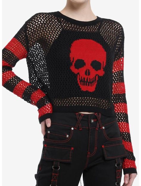 Punk Clothing Women, Emo Alternative Outfits, Social Collision Clothes, Skull Sweater Outfit, Horrorcore Outfits, Gore Clothes, Alt Winter Fashion, Crochet Skull Sweater, Black And Red Clothes