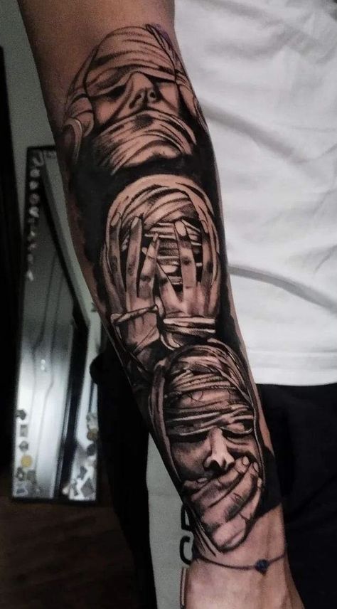 Mummy Hear No Evil Tattoo, Horror Sleeve Tattoos For Guys, Mummy Tattoo, Forarm Tattoos Mens Creative, Best Arm Tattoos, Hear No Evil See No Evil Tattoo, Outer Forearm Tattoo Men Half Sleeves, Arm Tattoo Realistic, Outer Forearm Tattoo Men