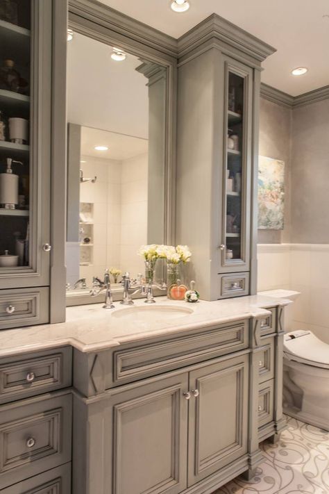 Bathrooms - French Country - Bathroom - Boston - by Design Complements | Houzz French Country Bathroom Vanity, French Style Bathroom, Glass Front Cabinet, Country Bathroom Vanities, Bathroom French Country, Cottage Style Bathrooms, Bathroom Redecorating, Glamorous Bathroom, French Bathroom