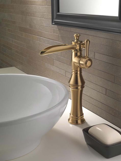 Champagne Bronze™: The New Gold Standard Delta Cassidy, Bathroom Faucets Waterfall, Vessel Faucets, Vessel Sink Faucet, Single Hole Bathroom Faucet, Brass Faucet, Delta Faucets, Vessel Sink Bathroom, Champagne Bronze