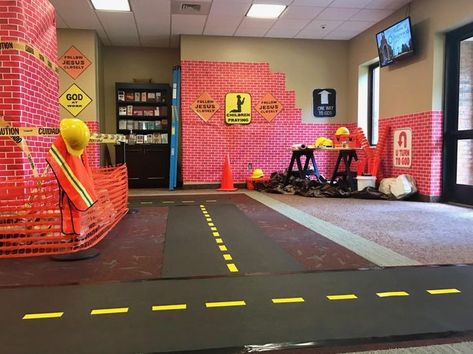 Construction Decoration ideas | Briarwood VBS Concrete And Cranes Vbs Decorations, Vbs Construction Theme, Construction Decorations, Construction Vbs, Construction Theme Classroom, Under Construction Theme, Preschool Construction, Lifeway Vbs, Vbs Decorations