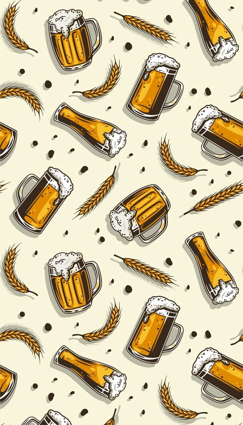 Colored seamless pattern wallpaper with craft beer mug with foam, bavarian barley for retro bar design #pattern #beer #mug #barley #wallpaper #craft #seamless #foam #barbecue #traditional #fork #wurst #october #food #design Beer Background Wallpapers, Beer Aesthetic Wallpaper, Beer Iphone Wallpaper, Beer Wallpaper Iphone, Retro Bar Design, Beer Drawing, Beer Wallpaper, Beer Background, October Food