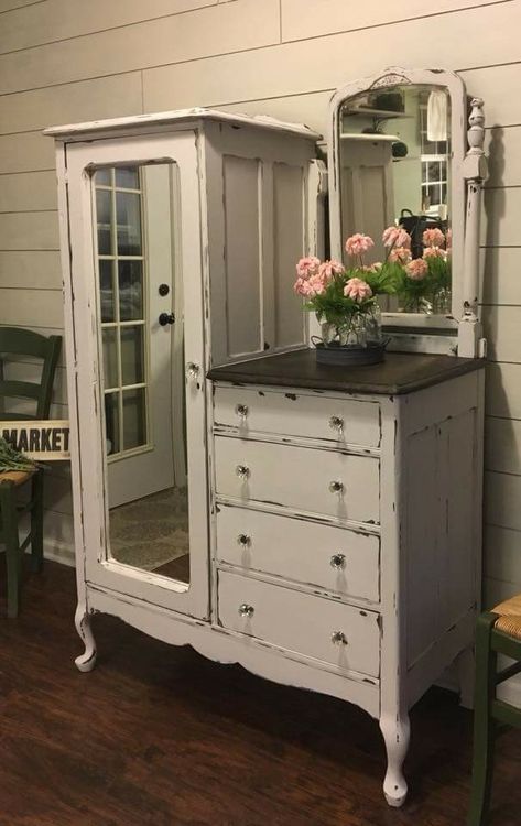 Chifferobe Makeover Ideas, Chifferobe Repurposed, Chifferobe Makeover, Coquette Wardrobe Furniture, Antique Chifferobe Makeover, Antique Small Dresser With Mirror, Cute Furniture, Repurposed Furniture Diy, Diy Furniture Renovation