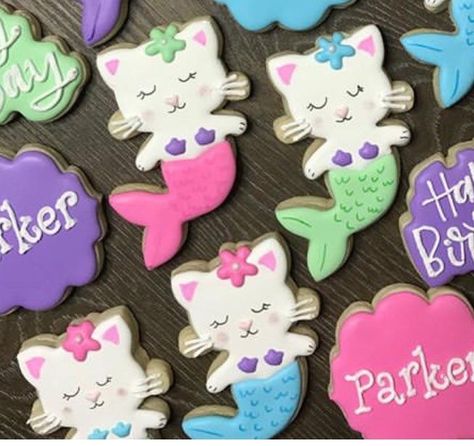 Mercat Birthday Party Ideas, Merkitty Birthday Party, Cat Mermaid Birthday, Mercat Birthday Cake, Gabby Doll House Cookies, Mermaid Cat Birthday Party, Gabbys Dollhouse Mercat Birthday Party, Mercat Birthday Party, Mercat Cake