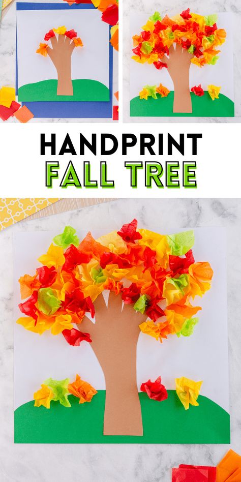 Fall Tree Craft For Preschoolers, Tissue Paper Fall Tree, Tree Art Crafts For Preschoolers, Handprint Fall Tree, Fall Tree Handprint Art, Tissue Paper Leaf Craft, Leaves And Trees Crafts For Toddlers, Autumn Leaves Activity For Kids, Diy Fall Activities For Kids