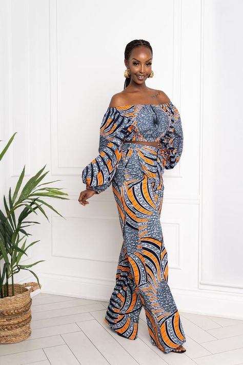 Trouser And Top For Ladies, African Print Crop Top, African Print Pants, Top For Ladies, African Print Tops, African Print Dress Ankara, Crop Top Long Sleeve, African Inspired Clothing, High Waist Trousers