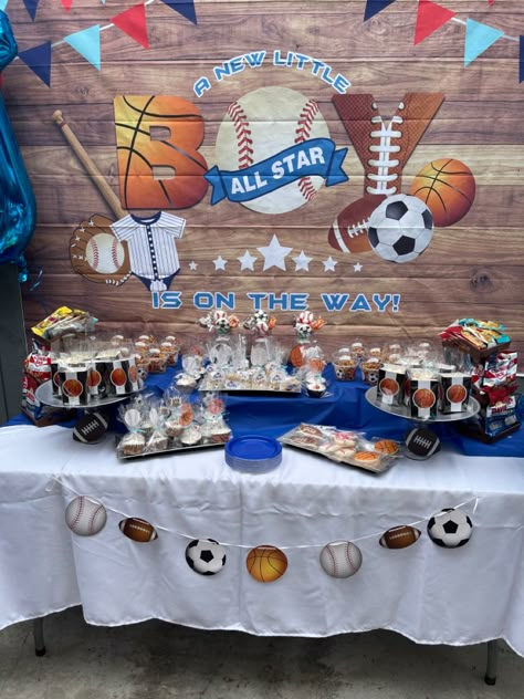 Sports Themed Baby Shower Ideas For Boys, Sport Theme Baby Shower Ideas, Tailgate Baby Shower Theme, Baby Shower Sports Theme Boy, Sport Baby Shower Theme, All Star Baby Shower Ideas Boys, Sports Baby Shower Theme For Boys, Basketball Theme Baby Shower Ideas, Sports Theme Baby Shower Ideas