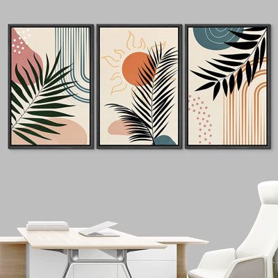 It is a professional decorations manufacturer, specializing in high-quality canvas, mural, and hanging poster wall art. We use industrial-grade inks to ensure our products do not fade over time. Our high-quality canvas art is printed using industry-standard ink. Our style varieties offer numerous different options to fit any taste or complement any setting. | IDEA4WALL Geometric Jungle Leaf - 3 Piece Floater Frame Graphic Art Set on Canvas White 36.0 x 72.0 x 1.5 in | Home Decor | SFTA3728_73721 Diy 3 Canvas Wall Art, 3 Canvas Painting Ideas Diy Wall Art, 3 Canvas Painting Ideas, Minimal Artwork, Nordic Chic, Pattern Illustrations, Mid Century Modern Boho, Modern Geometric Art, Boho Painting